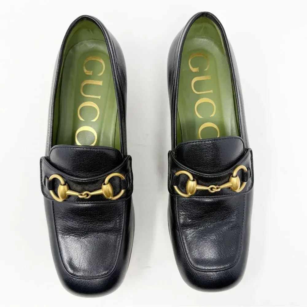 Gucci Houdan Horsebit Platform Loafers Black Leather Womens Size EU 36